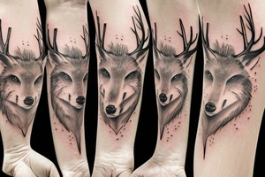 A deer head and a fox head staring at each other, arm sleeve tattoo idea