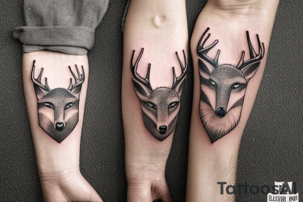 A deer head and a fox head staring at each other, arm sleeve tattoo idea