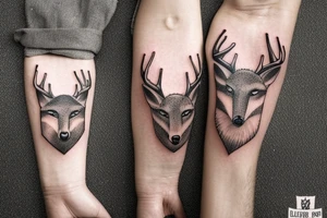 A deer head and a fox head staring at each other, arm sleeve tattoo idea