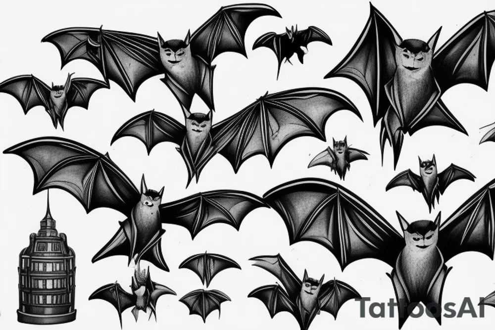 Bat flying over city tattoo idea