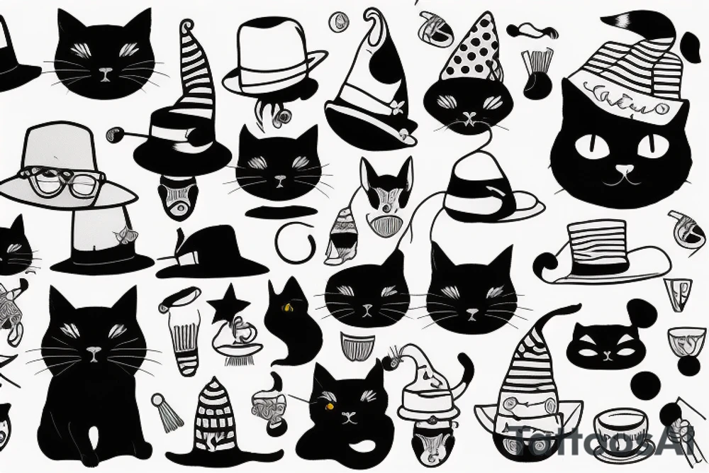 Black cat with a funny hat and sweater tattoo idea