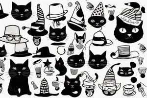 Black cat with a funny hat and sweater tattoo idea