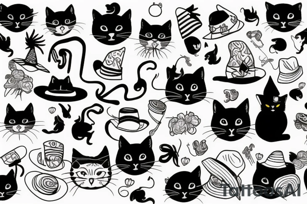 Black cat with a funny hat and sweater tattoo idea