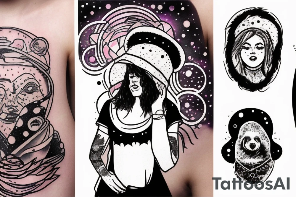 Woman in bear hat in a space storm tattoo idea