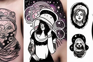 Woman in bear hat in a space storm tattoo idea