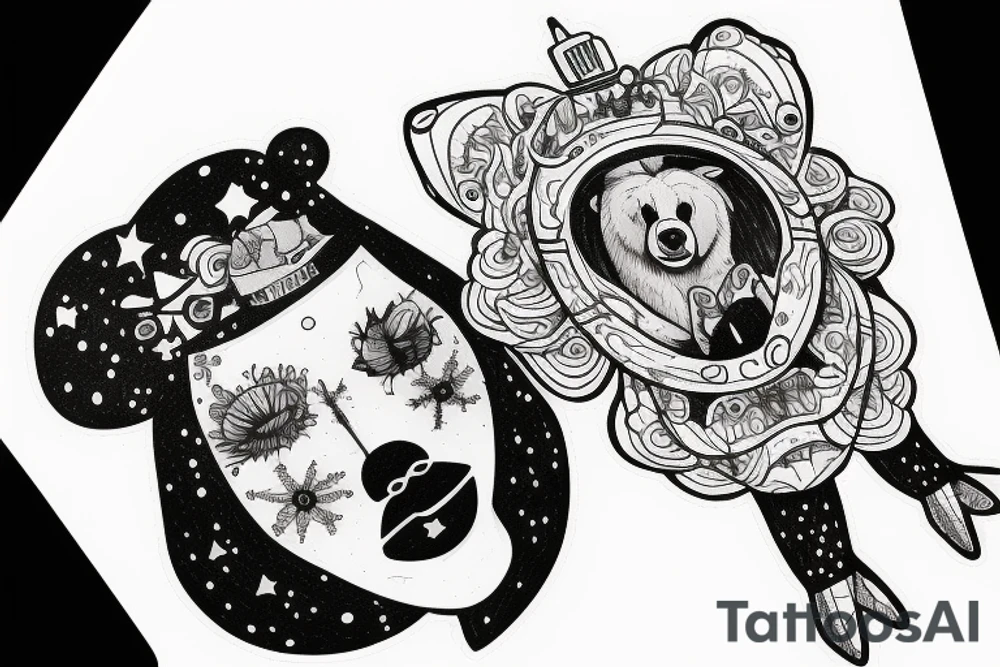 Woman in bear hat in a space storm tattoo idea