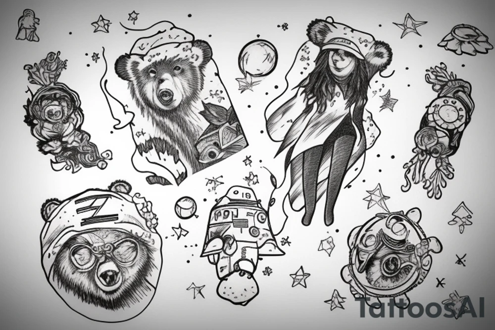 Woman in bear hat in a space storm tattoo idea