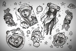 Woman in bear hat in a space storm tattoo idea