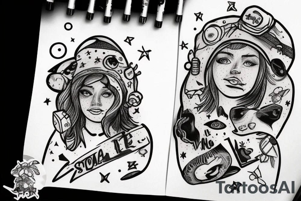 Woman in bear hat in a space storm tattoo idea