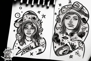 Woman in bear hat in a space storm tattoo idea