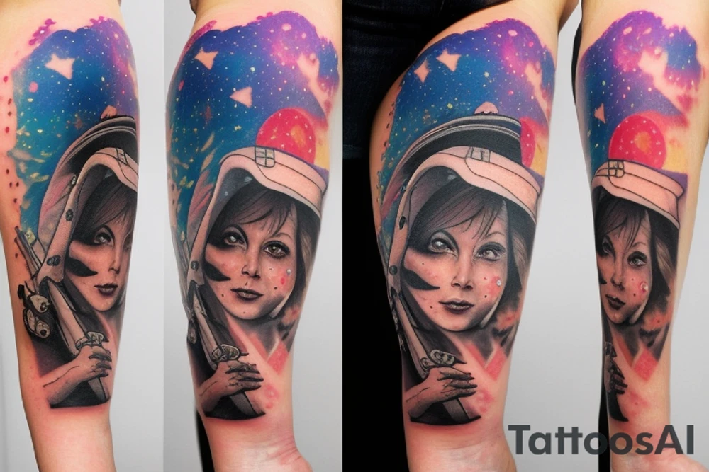 Woman in bear hat in a space storm tattoo idea