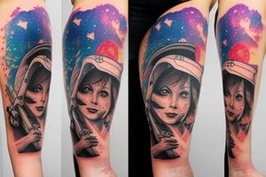 Woman in bear hat in a space storm tattoo idea