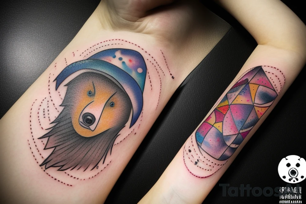 Woman in bear hat in a space storm tattoo idea