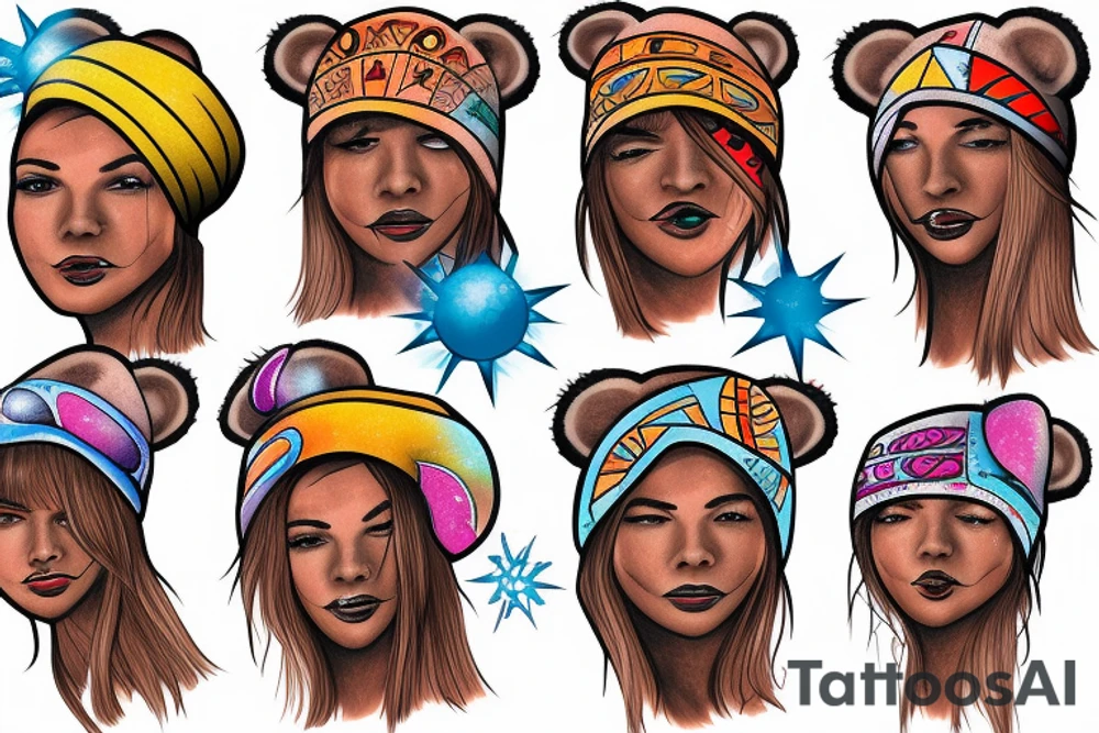 Woman in tribal bear hat in a space storm tattoo idea