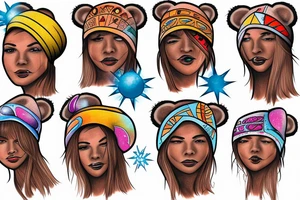 Woman in tribal bear hat in a space storm tattoo idea