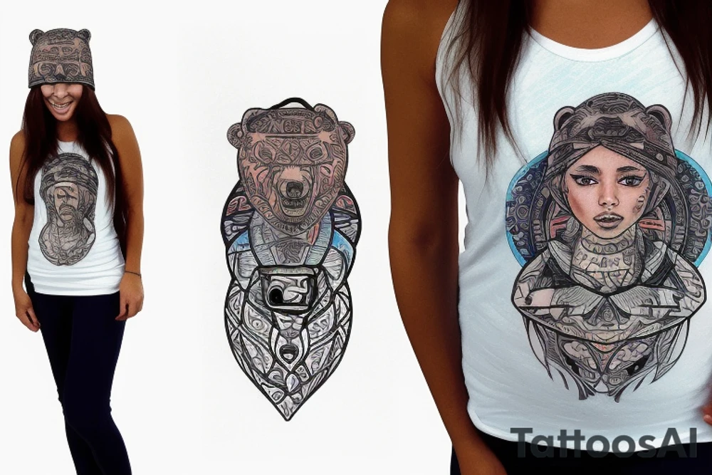 Woman in tribal bear hat in a space storm tattoo idea