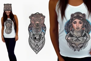 Woman in tribal bear hat in a space storm tattoo idea