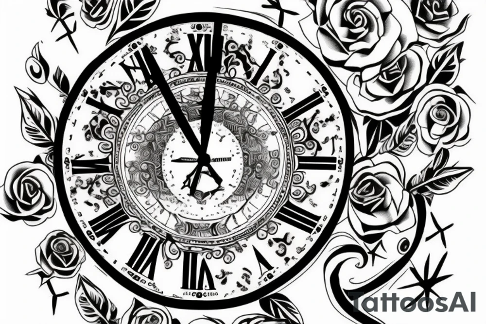 A clock in the base of a large tree tattoo idea