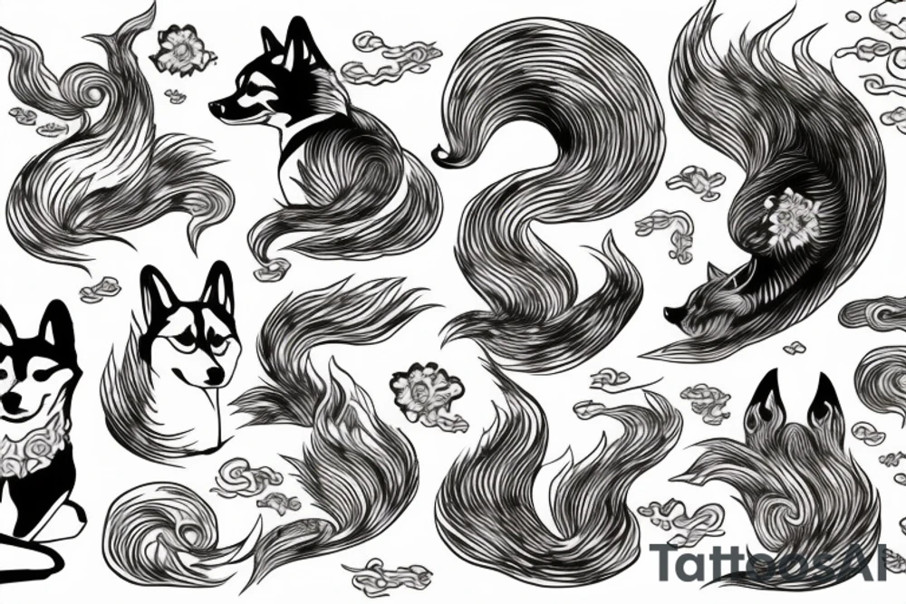 Shiba Inu as a nine-tailed Fox surrounded by Japanese wave tattoo idea