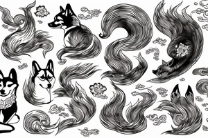 Shiba Inu as a nine-tailed Fox surrounded by Japanese wave tattoo idea