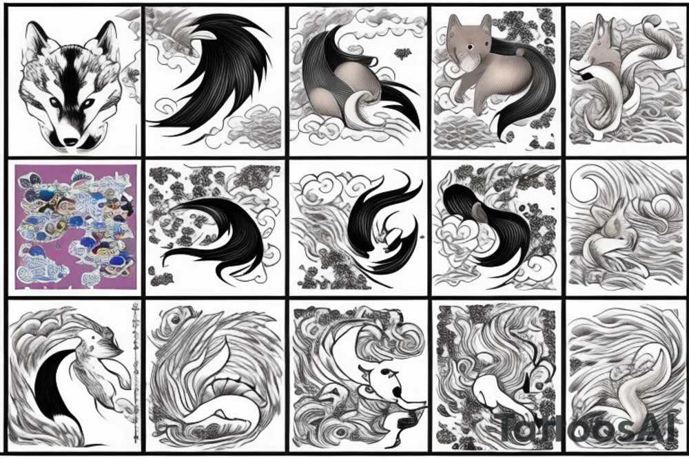 Shiba Inu as a nine-tailed Fox surrounded by Japanese wave tattoo idea