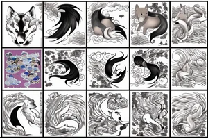 Shiba Inu as a nine-tailed Fox surrounded by Japanese wave tattoo idea