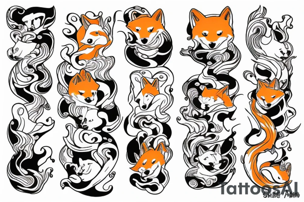 Shiba Inu as a nine-tailed Fox surrounded by Japanese wave tattoo idea