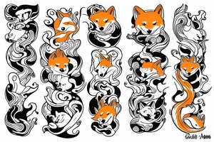 Shiba Inu as a nine-tailed Fox surrounded by Japanese wave tattoo idea