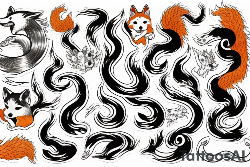 Shiba Inu as a nine-tailed Fox surrounded by Japanese wave tattoo idea