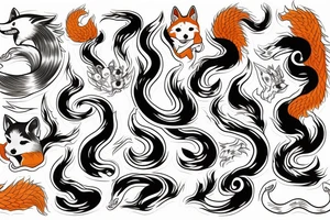Shiba Inu as a nine-tailed Fox surrounded by Japanese wave tattoo idea