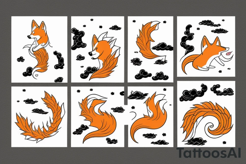 Shiba Inu as a nine-tailed Fox surrounded by Japanese waves tattoo idea