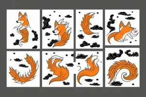 Shiba Inu as a nine-tailed Fox surrounded by Japanese waves tattoo idea