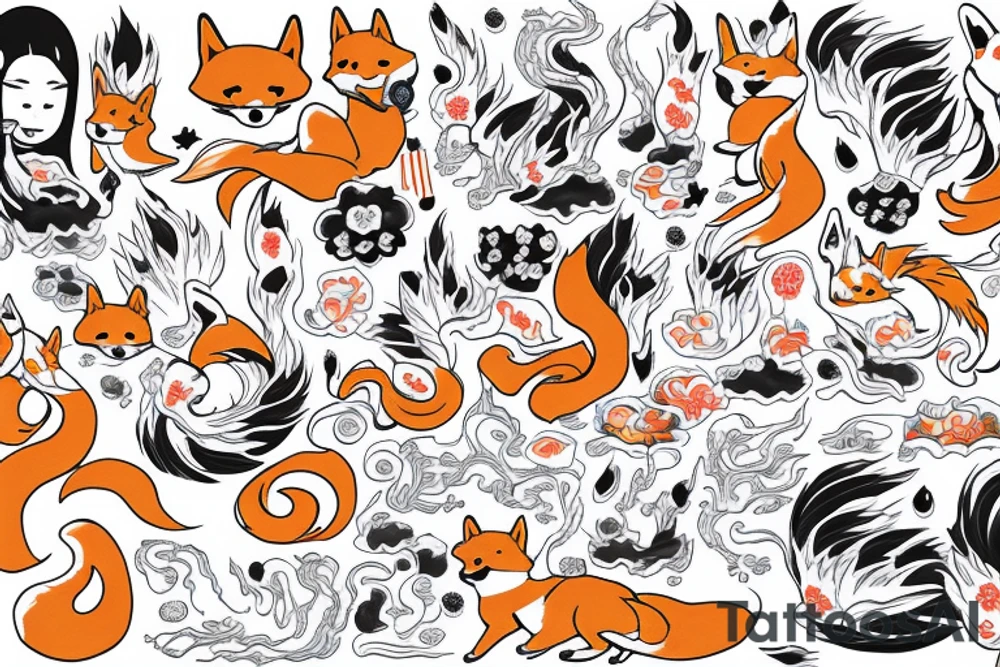 Shiba Inu as a nine-tailed Fox surrounded by Japanese waves tattoo idea