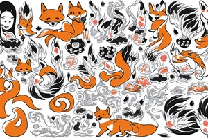 Shiba Inu as a nine-tailed Fox surrounded by Japanese waves tattoo idea