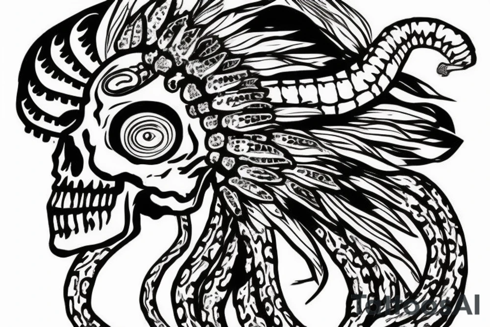 Skull with Indian head dress and rattlesnake coming out of it's eye tattoo idea