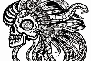 Skull with Indian head dress and rattlesnake coming out of it's eye tattoo idea