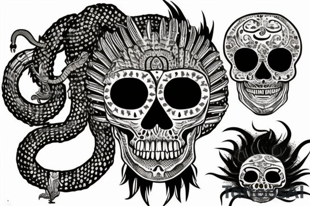 Skull with Indian head dress and rattlesnake coming out of it's eye tattoo idea