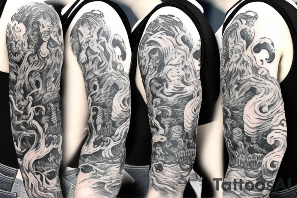 half sleeve from shoulder to elbow of lovecraftian horrors tattoo idea