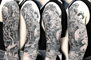 half sleeve from shoulder to elbow of lovecraftian horrors tattoo idea