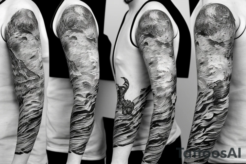 half sleeve from shoulder to elbow of lovecraftian horrors tattoo idea