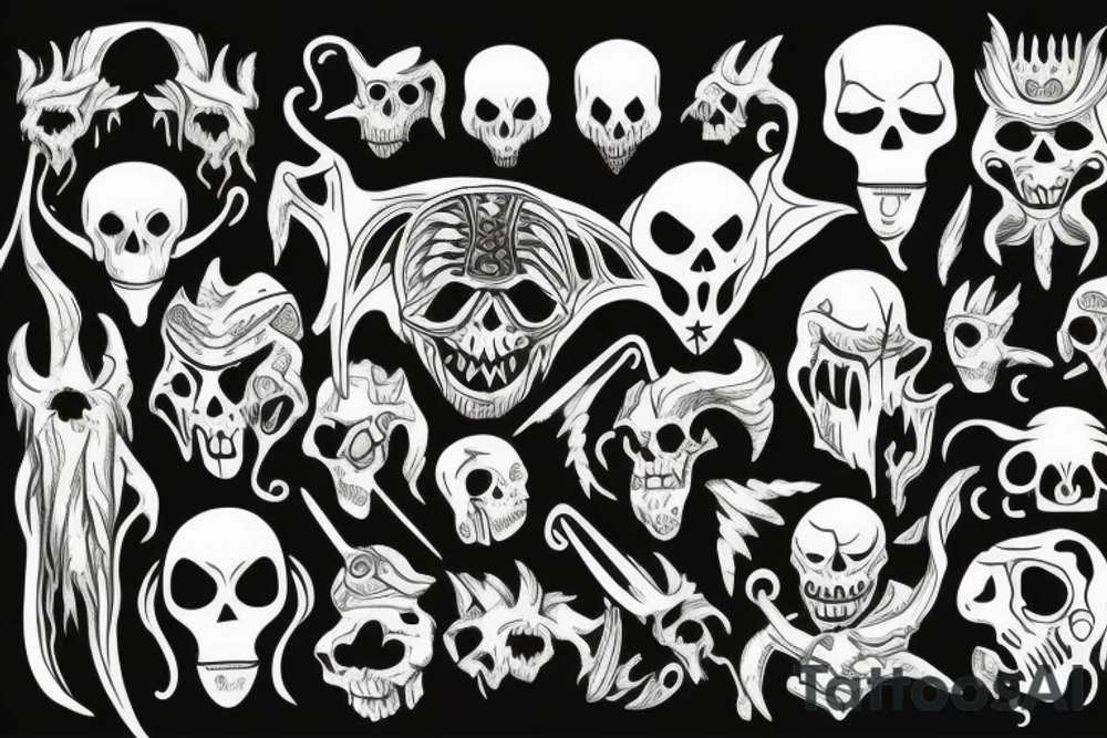 aliens, monsters, demons, gods, skeletons tattoo idea
