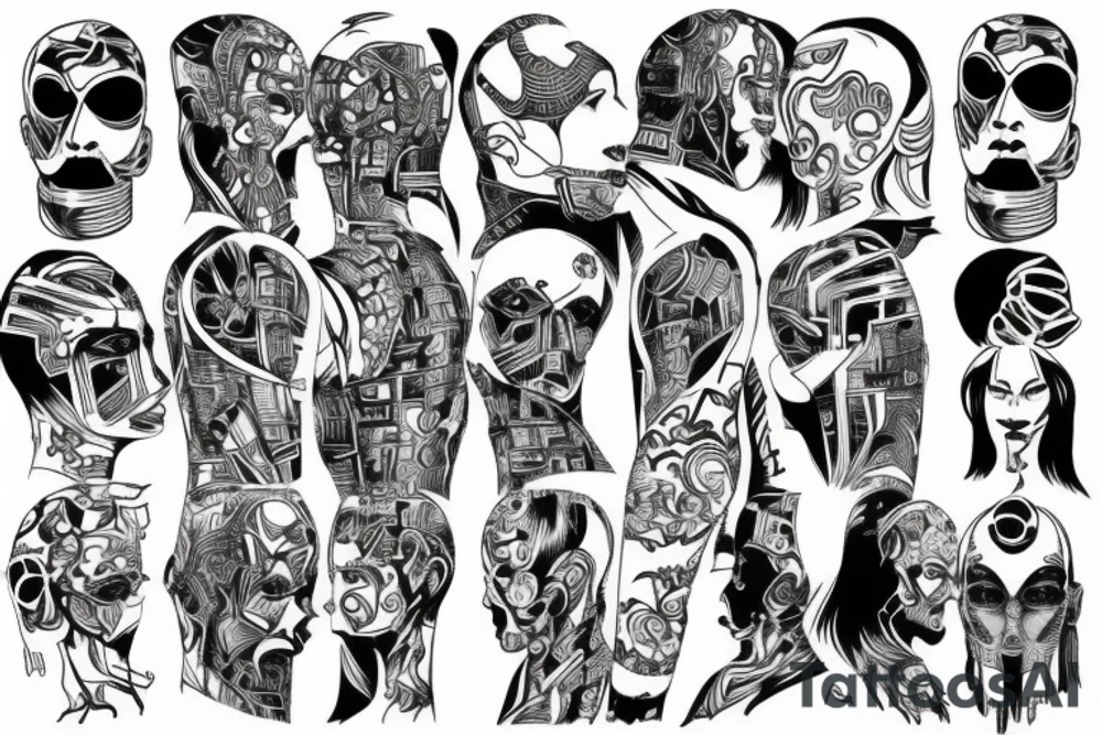 Cyberpunk symmetrical Whole back no head lines tattoo idea