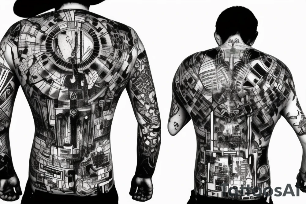 Cyberpunk symmetrical Whole back no-
head lines tattoo idea