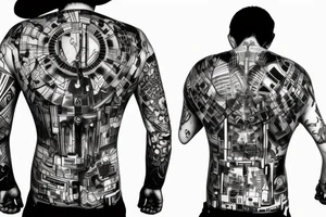 Cyberpunk symmetrical Whole back no-
head lines tattoo idea