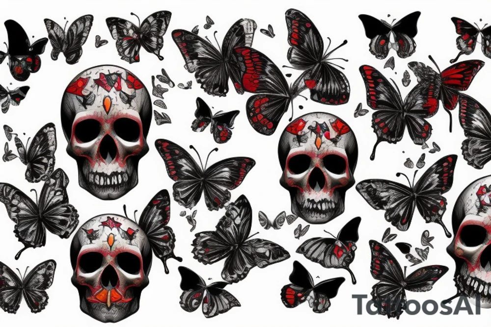 Skull dripping blood with butterflies tattoo idea