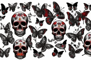 Skull dripping blood with butterflies tattoo idea