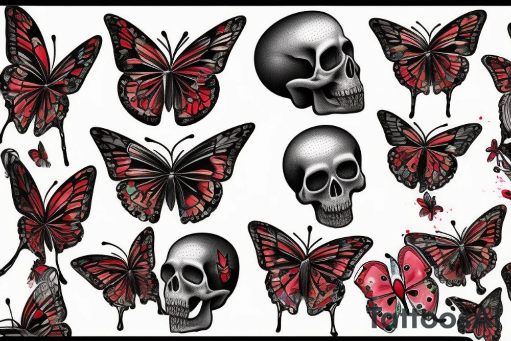 Skull dripping blood with butterflies tattoo idea