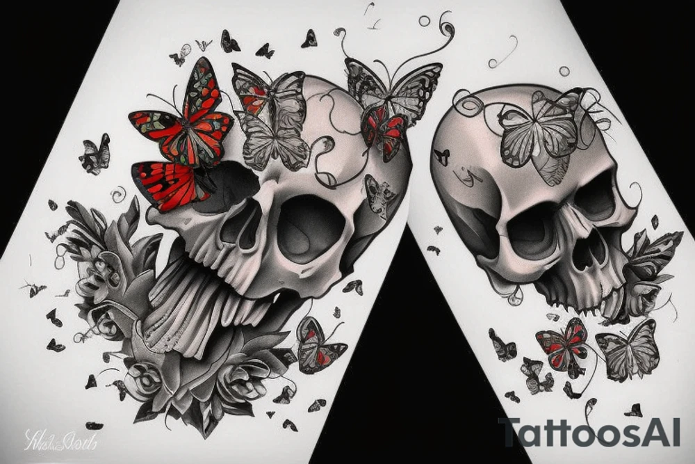 Skull dripping blood with butterflies tattoo idea