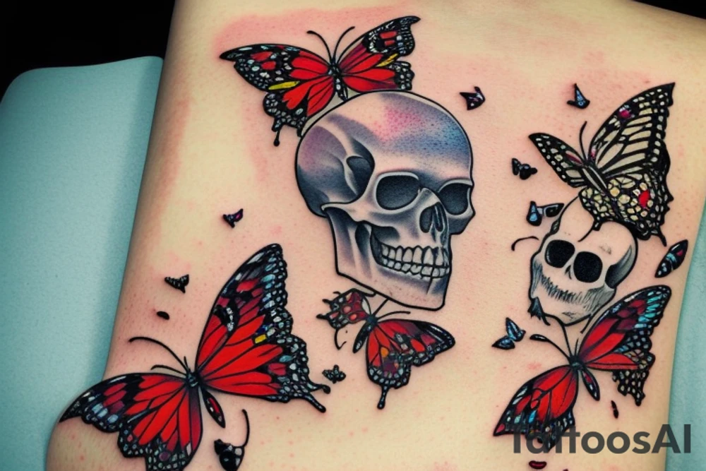 Skull dripping blood with butterflies tattoo idea
