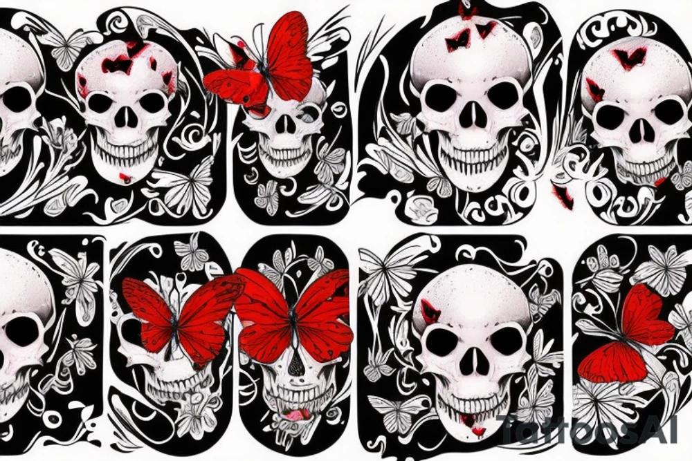 Skull dripping blood with butterflies tattoo idea
